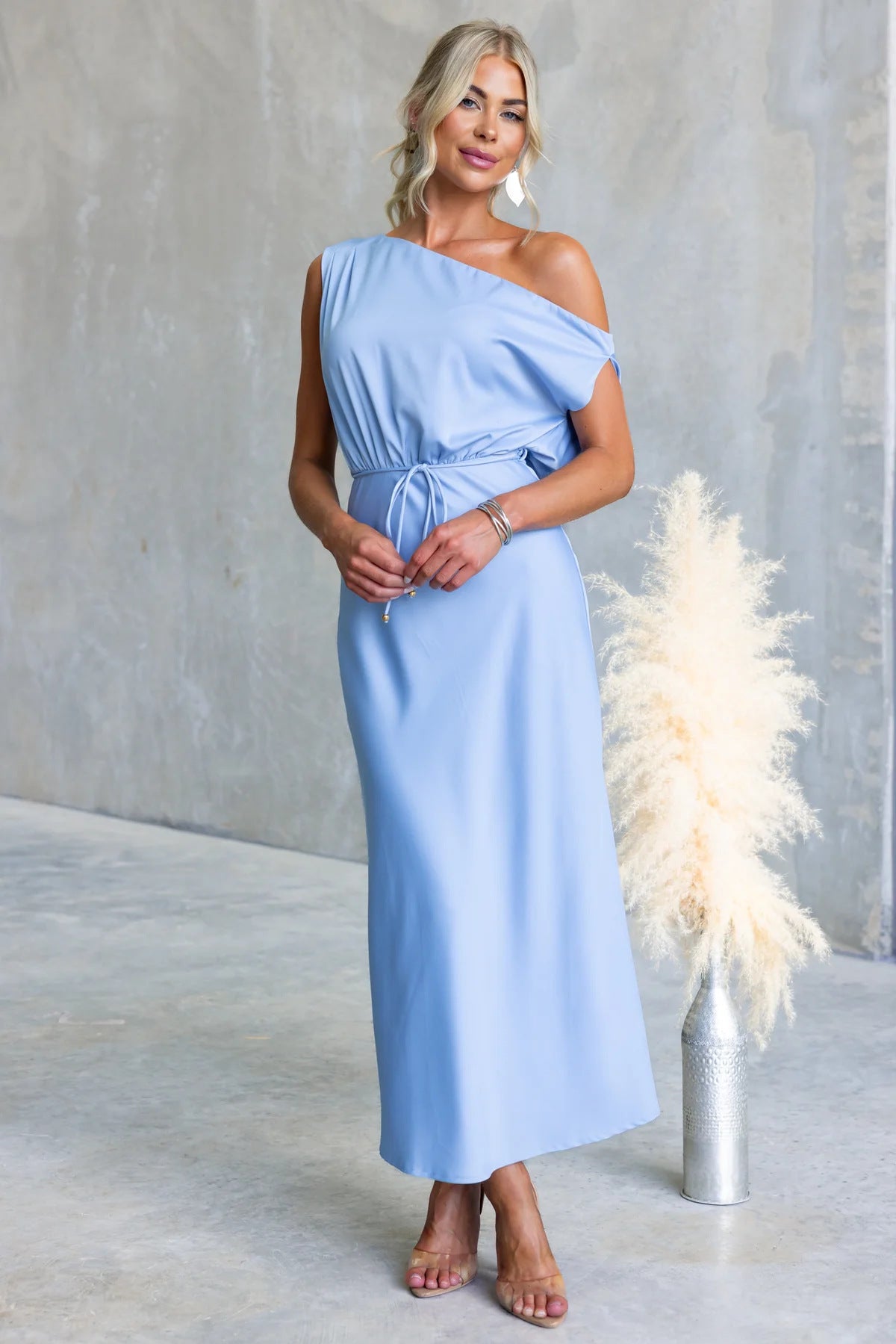 Color One-shoulder Sleeveless Belted Maxi Dress