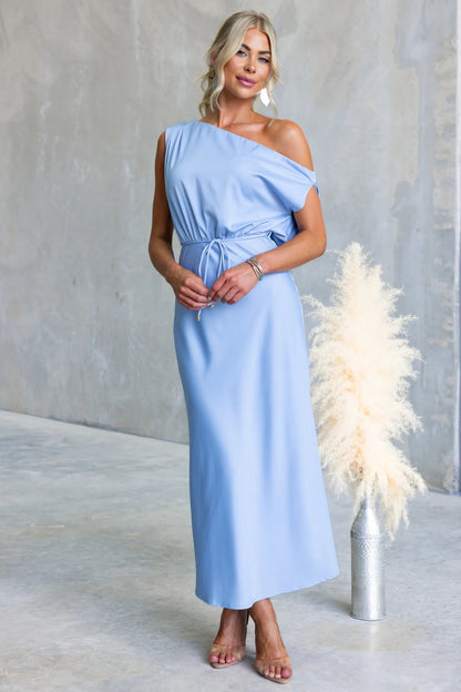 Color One-shoulder Sleeveless Belted Maxi Dress
