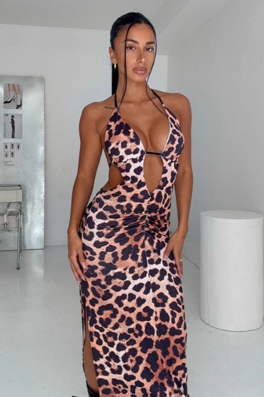 Leopard High Waist Backless Maxi Dress