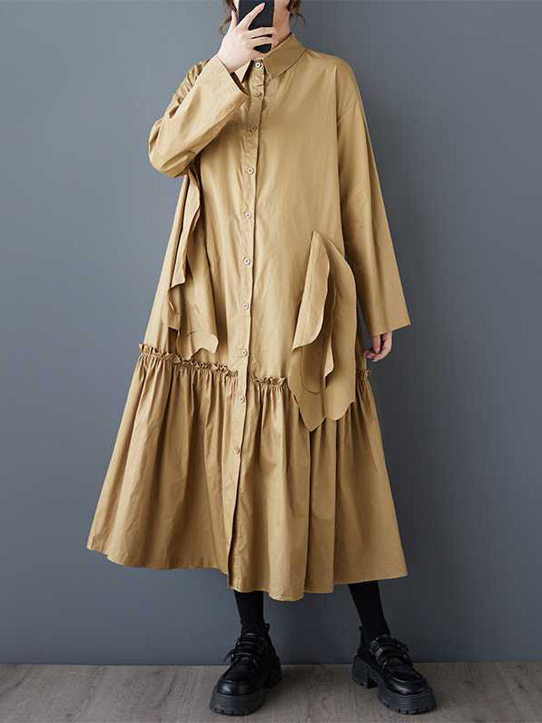 A-line Long Sleeves Buttoned Pleated Pockets Color Split-joint Lapel Midi Dresses