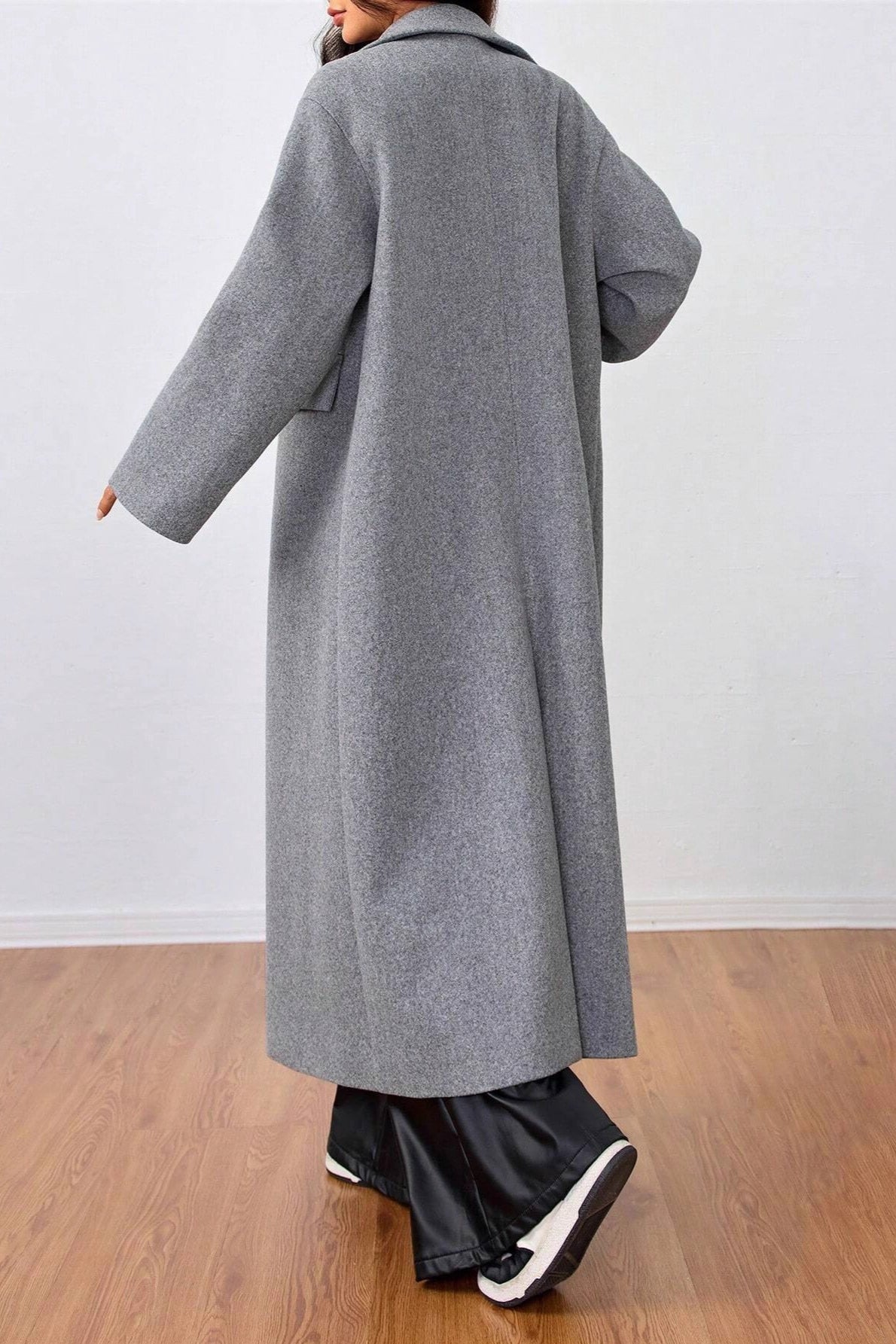 Wool Blend Lapel Long Overcoat