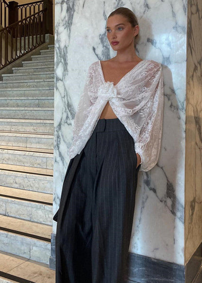 Celestia - Sheer Lace Cropped Blouse With Front Tie