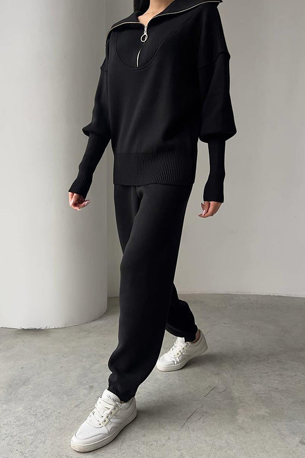 Color Long-sleeved Zip-up Sweatshirt and Elastic Waist Loose Pocket Pants Set