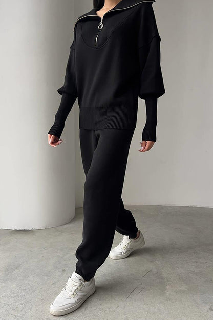 Color Long-sleeved Zip-up Sweatshirt and Elastic Waist Loose Pocket Pants Set