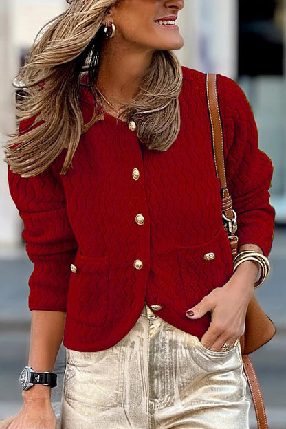 Color V-neck Long-sleeved Loose Pocket Knit Cardigan