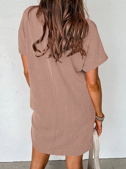 A-line Loose Contrast Color Pockets Split-joint Striped Round-neck Mini Dresses