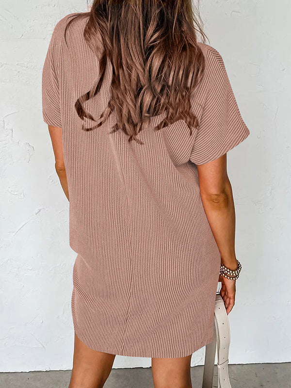 A-line Loose Contrast Color Pockets Split-joint Striped Round-neck Mini Dresses