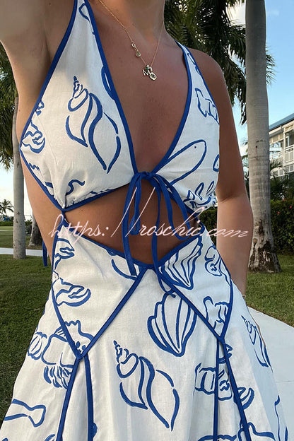 Love the Coastline Linen Blend Unique Print Cutout Tie-up Backless Maxi Dress