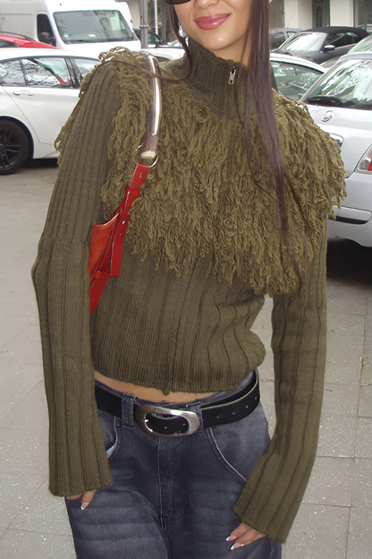 Sweater Fringe Zipper Long-sleeve Top