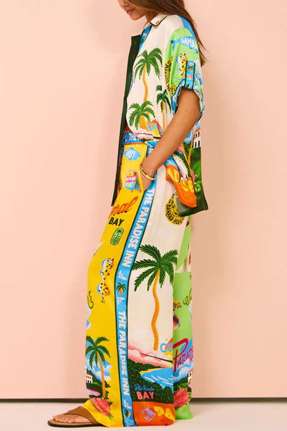 Kissed by the Sun Satin Unique Print Colorblock Elastic Waist Pocketed Wide Leg Pants