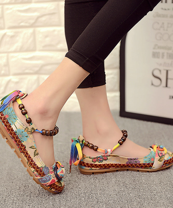 Red Linen Fabric Flat Shoes for Embroideried Handmade Bead String Knit Fabric Flat Shoes