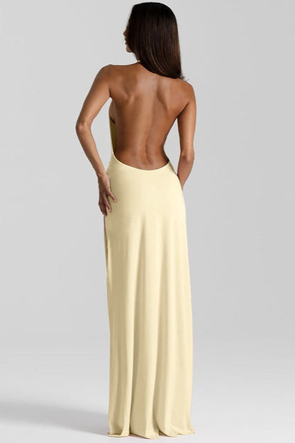 Halter Deep V Backless Slit Floor Maxi Dress