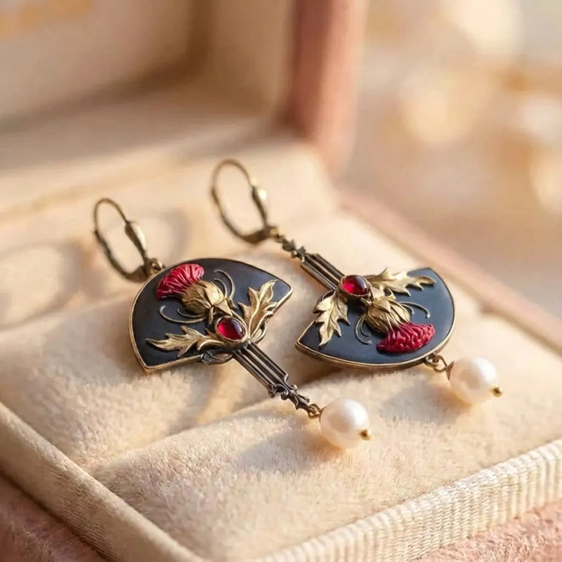 Boho Earrings With Pearls And Red Crystal