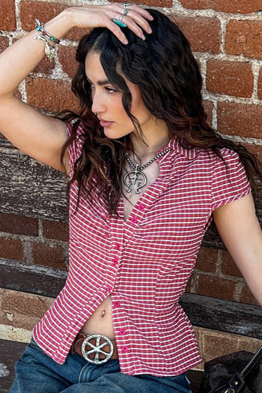 Red Plaid Polo Collar Button-down Cropped Blouse