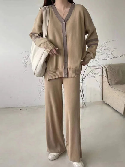 Loose 2 Piece-set Knitwear Contrast for Outwear and Wide Leg Trousers Outfits Knit ’s Pants Sets