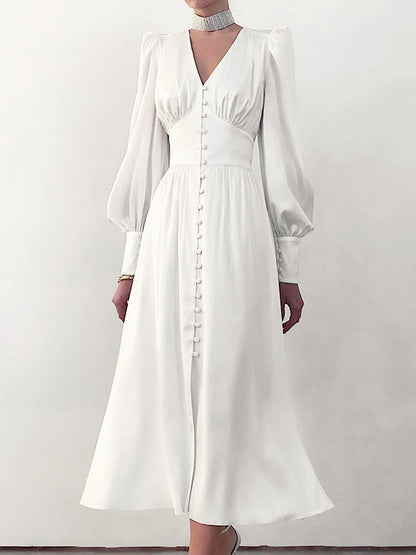 A-line High Waisted Buttoned Pleated Color V-neck Midi Dresses