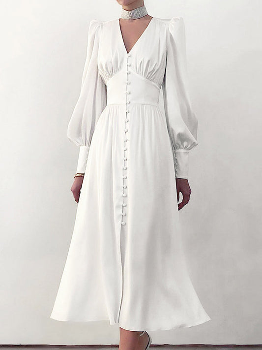 A-line High Waisted Buttoned Pleated Color V-neck Midi Dresses