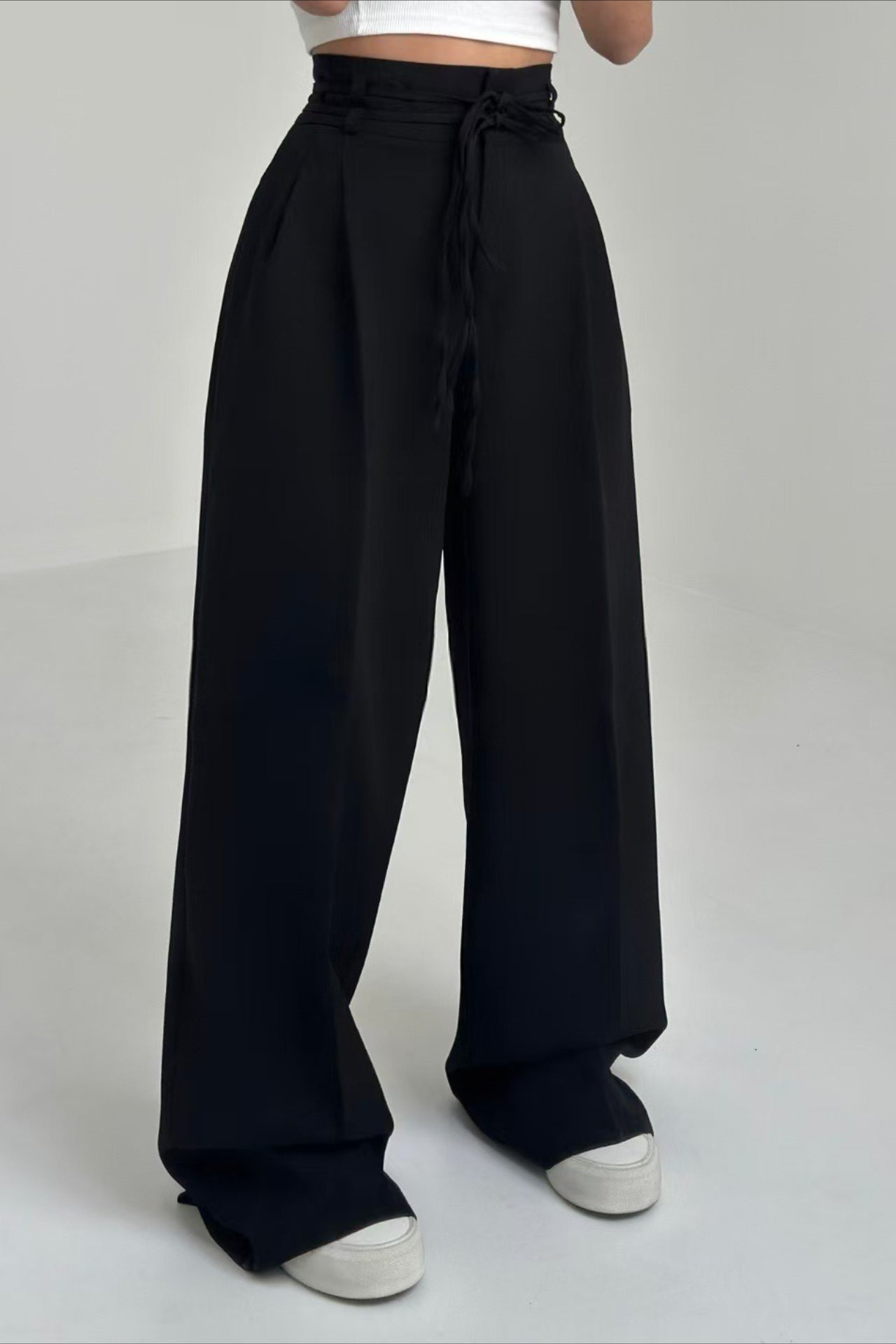 High Waist Tie Slim Straight Pants
