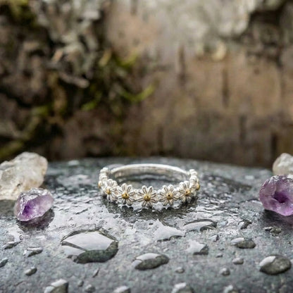 Adjustable Silver And Hand Painted Enamel Daisy Ring