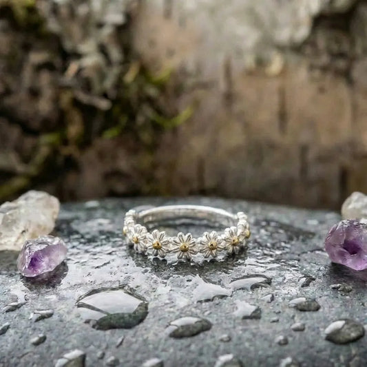 Adjustable Silver And Hand Painted Enamel Daisy Ring