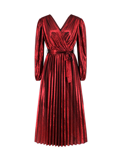 High Waisted Long Sleeves Bronzing Elasticity Pleated Color Tied Waist Deep V-neck Maxi Dresses