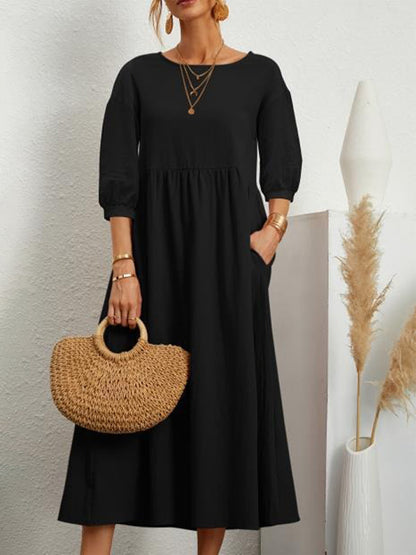 11 Colors Simple Round-neck Color Midi Dress
