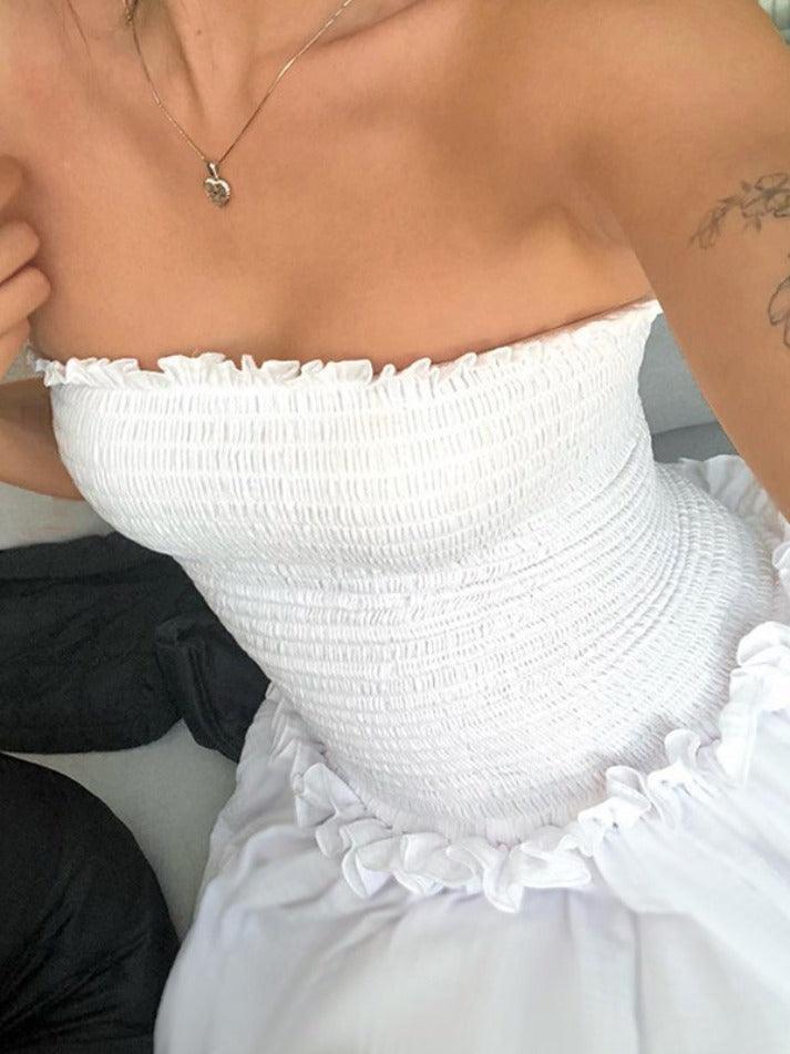White Off Shoulder Shirred Tube Maxi Dress