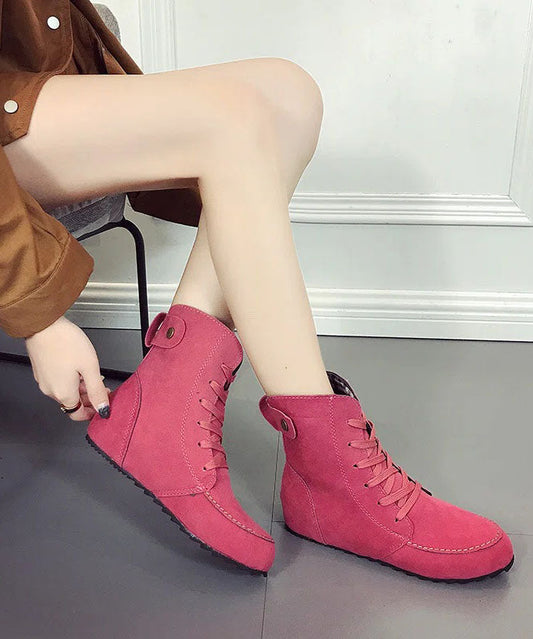 Rose Lace Up Splicing Flat Boots Suede