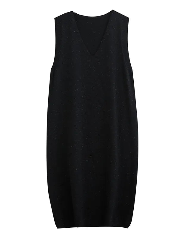 Color Knitting V-neck Sleeveless Sweater Dress