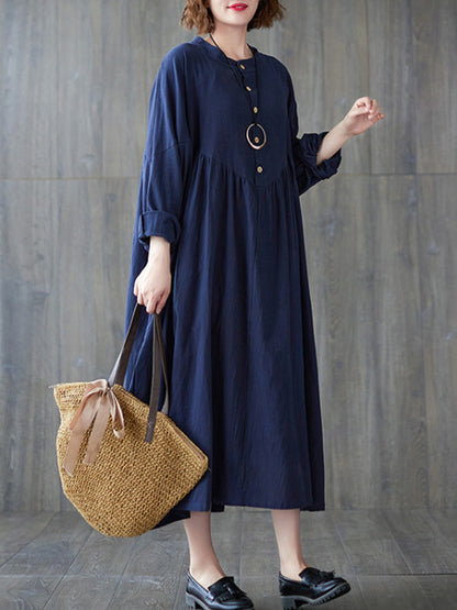 Loose Puff Sleeves Pleated Color Stand Collar Midi Dresses
