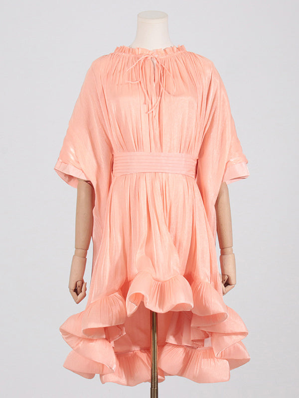 High-low Loose Pleated Split-joint Stand Collar Mini Dresses