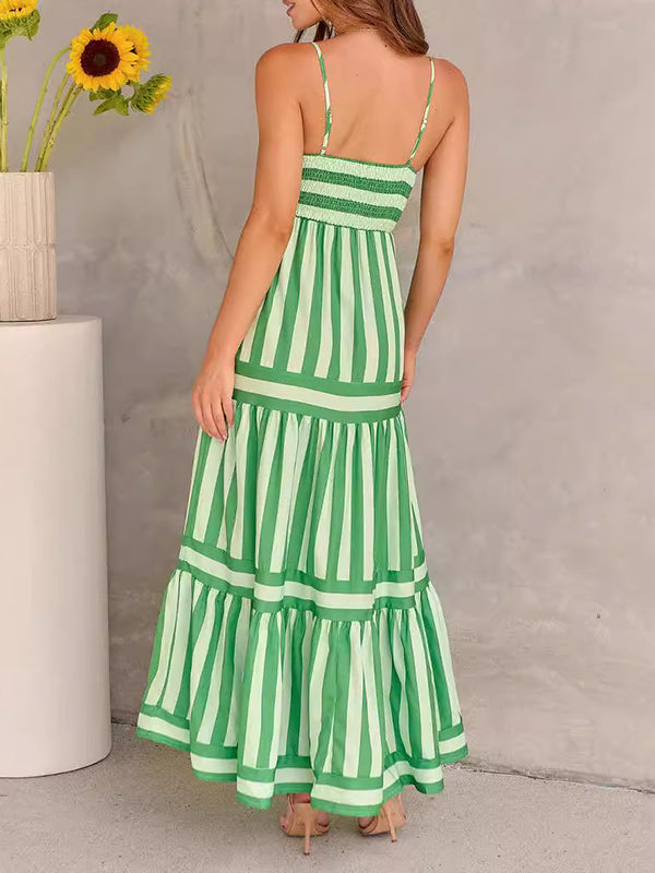 Loose Sleeveless Pleated Split-joint Striped Spaghetti-neck Maxi Dresses