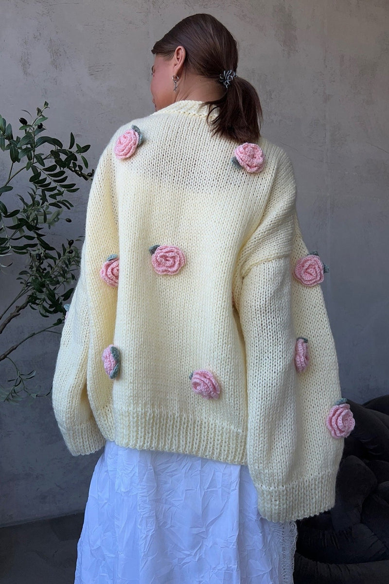 Crew Neck Minimalist 3d Flower Knit Sweater