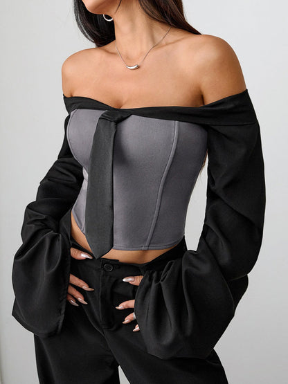 Corset Tie Up Long Sleeve Blouse