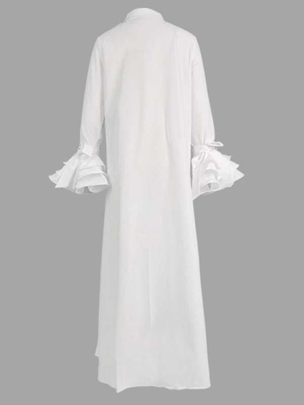 A-line Flared Sleeves Buttoned Color Split-joint Split-side Lapel Maxi Dresses