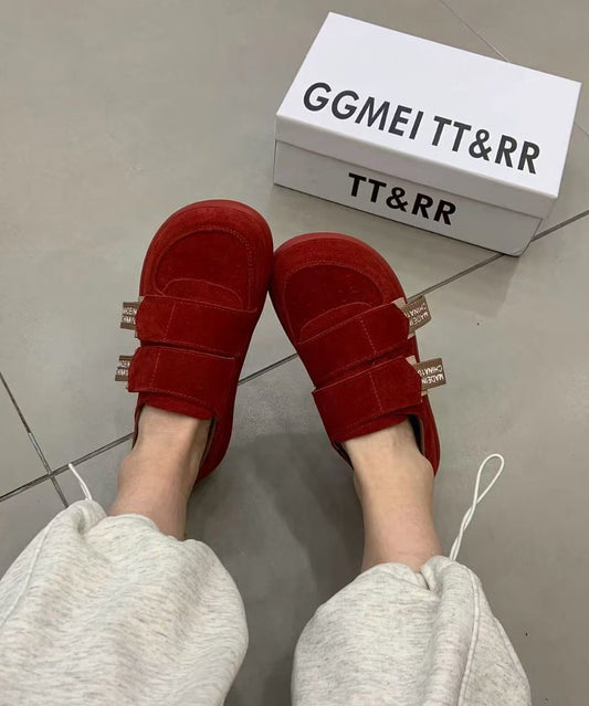 Red Flats Suede Splicing Velcro Strap for