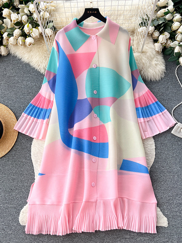 Flared Sleeves Loose Belted Contrast Color Pleated Midi Dresses