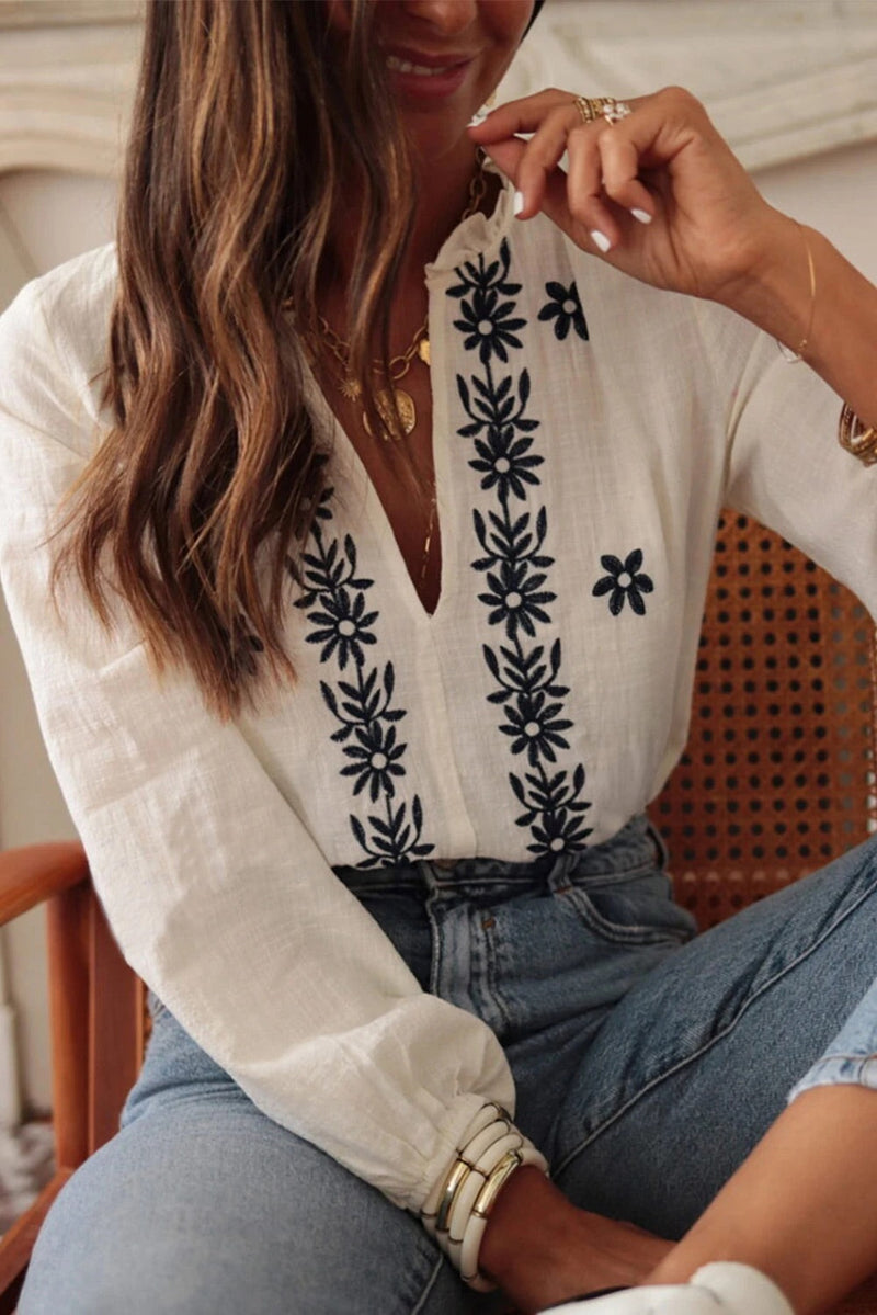 White Embroidered Frill V Neck Puff Sleeve Blouse