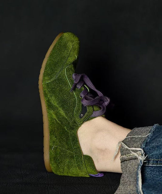 Green Suede Splicing Flats Lace Up