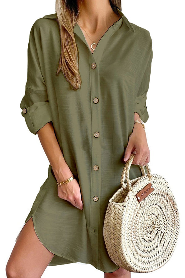 Color Button-down Shirt Style Mini Dress