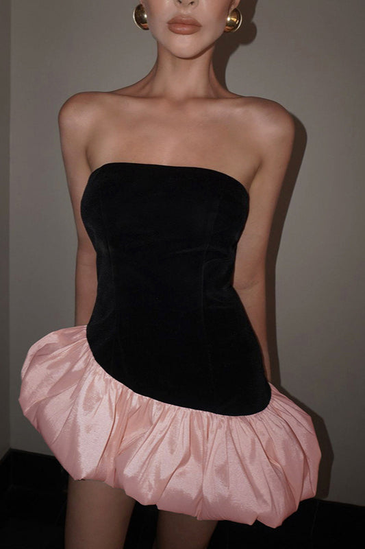 Velvet Paneled Strapless Puff Mini Dress