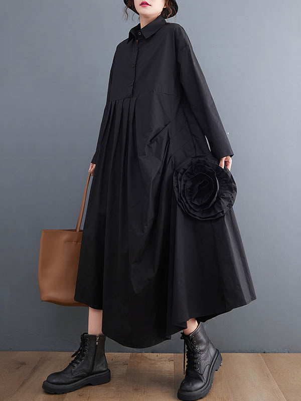 Urban Applique Pleated Long Sleeves Shirt Dress Midi Dress