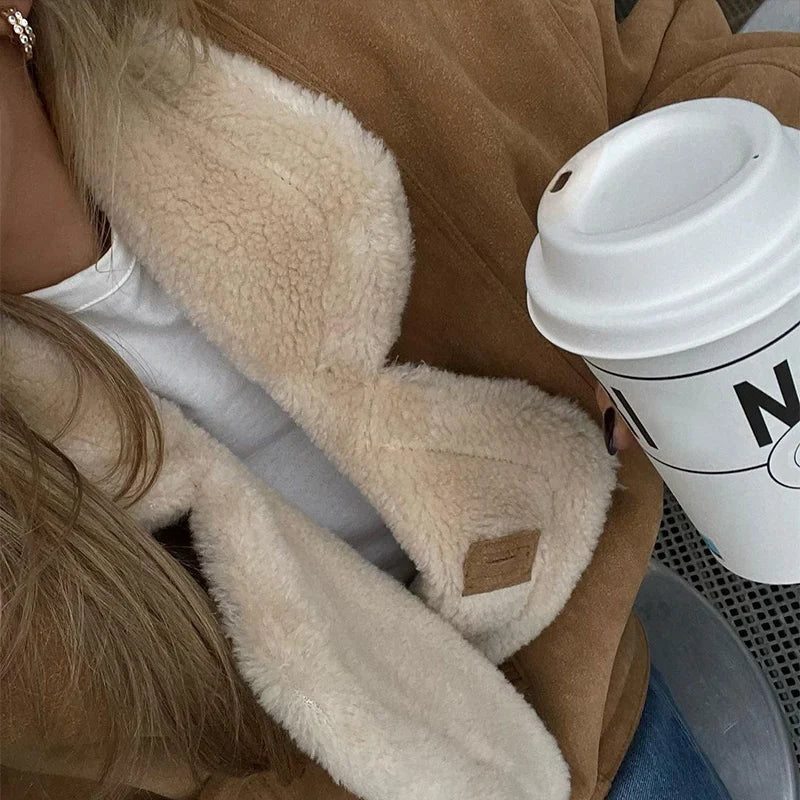 Lamb Woolen Spliced Warm Coat for Side Buttons Lapel Full Sleeve Jackets Lady Autumn Winter Thick Outwear