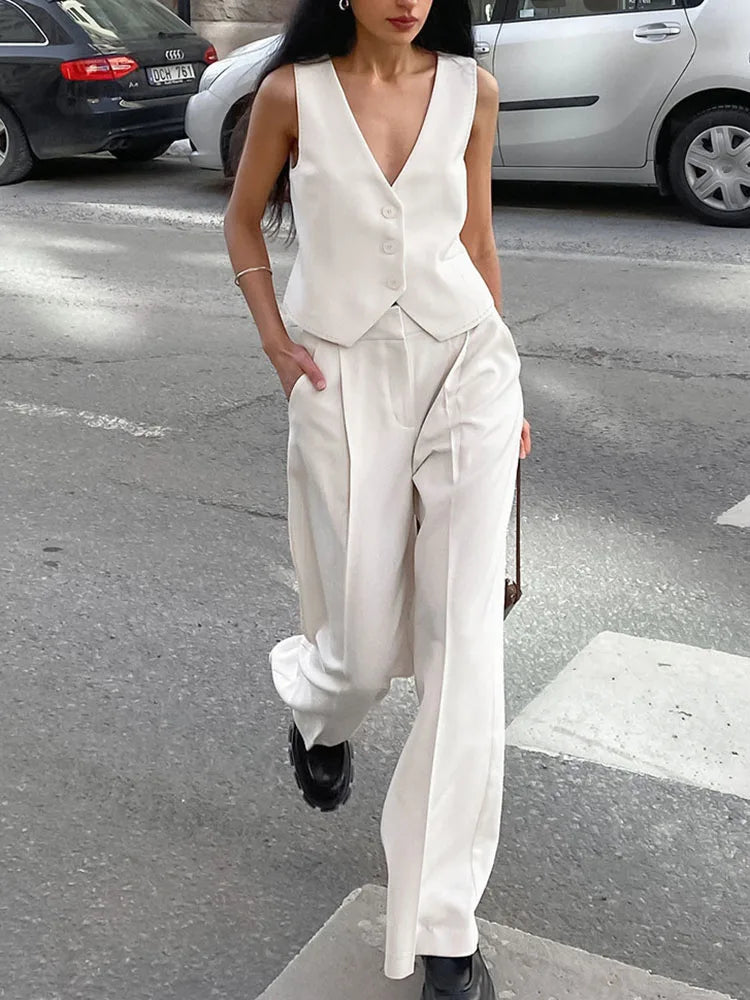 Loose Pant Sets for Sleeveless Crop Tops and High Waist Suit Trouser 2 Piece Suits Outfits