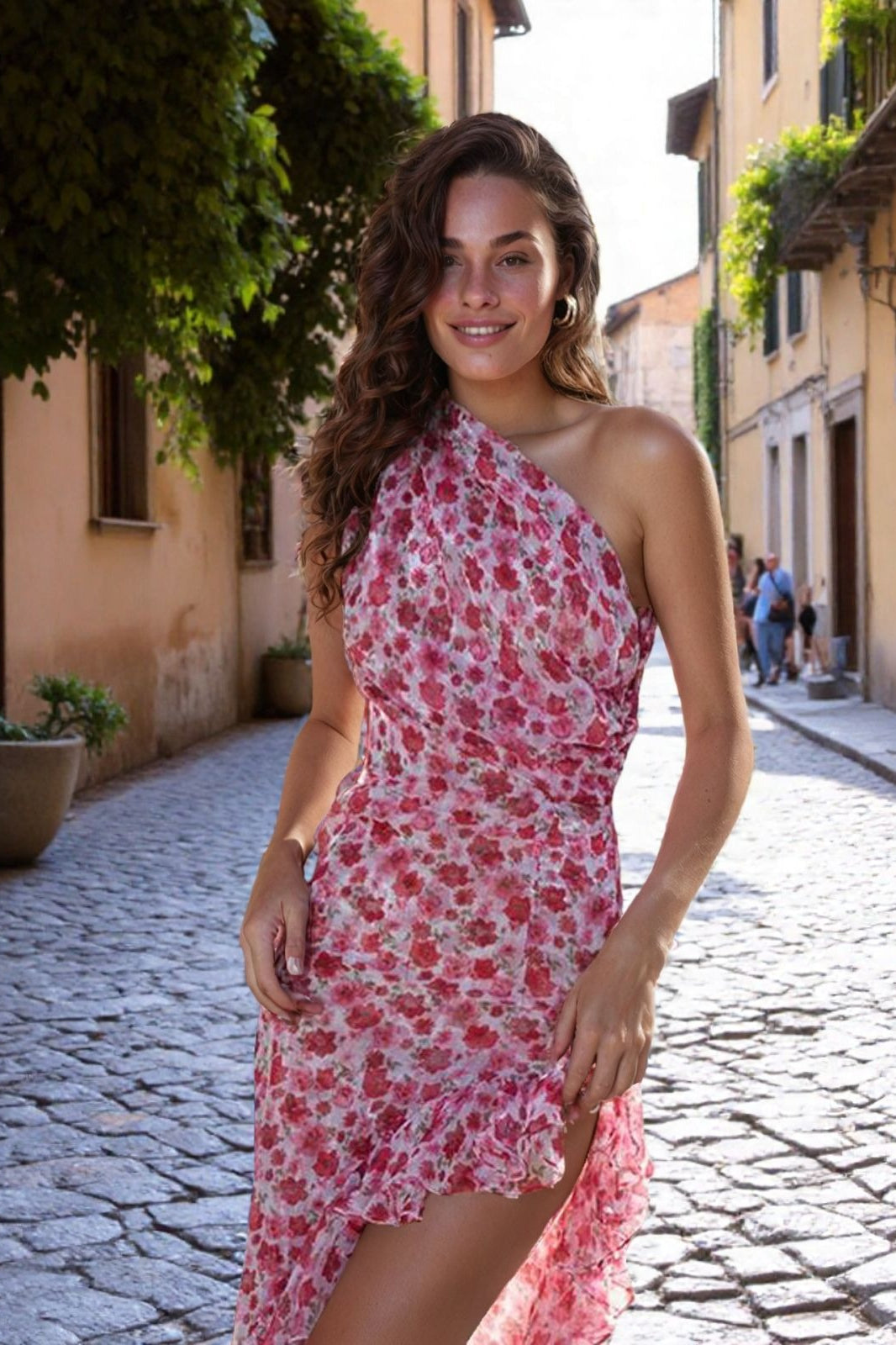 Asymmetric Ruffle Print Maxi Dress