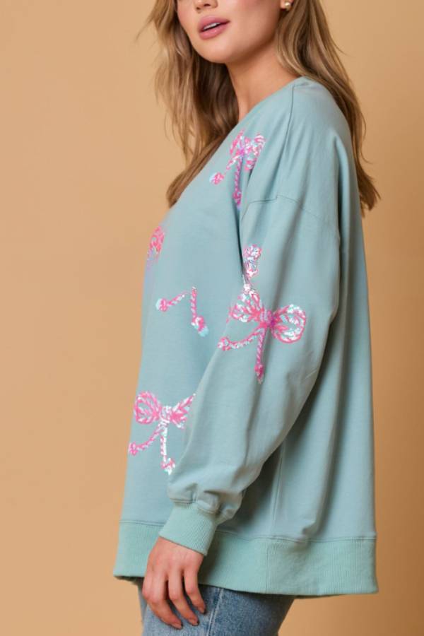 Bowknot Sequined Loose Long Sleeve Sweatshirt