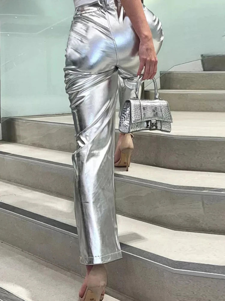 Silver Pu Pants High Waist Loose Wide Leg Pants Clubwear Party Femme Long Pant Autumn