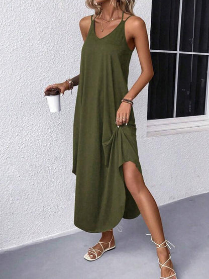 Loose Color Spaghetti-neck Maxi Dresses