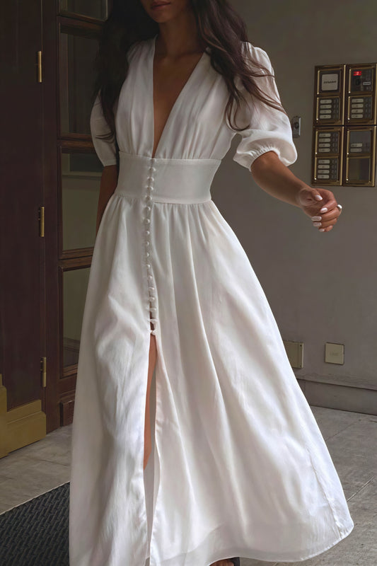 Puff Sleeve Deep V Slit Midi Dress