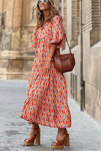 Fashionable Street Picnic Bubble Sleeve Layered Party Midi Dress